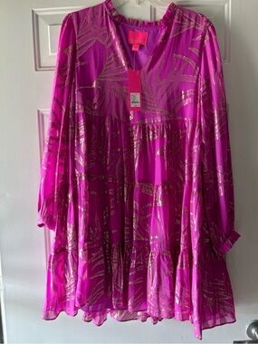 Lilly Pulitzer Hot Pink Metallic Gold Sarina Long-Sleeve Dress